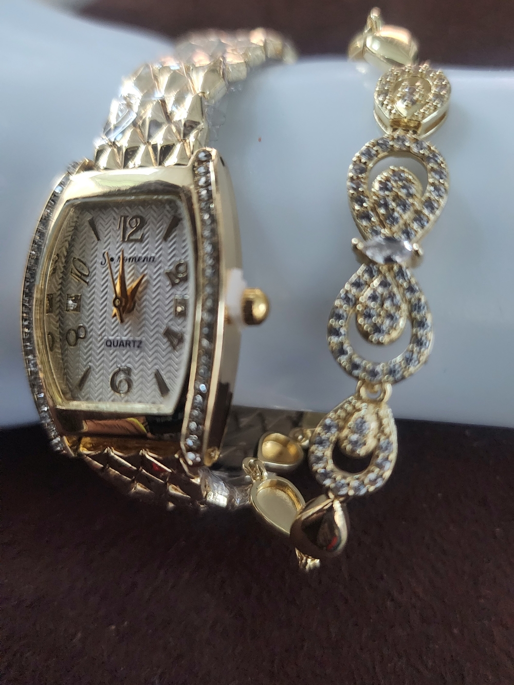 Gold Tone Women's Crystal Accent Wristwatch and Bracelet Set